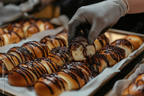 Baker Decorating Freshly Baked petit pain  with Chocolate Drizzle, Ideal for Pastry and Dessert Promotions