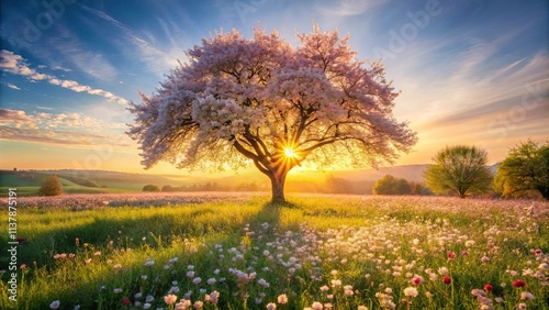 Wallpaper Mural Serene Sunrise Illuminating a Blossoming Tree in a Vibrant Wildflower Meadow Torontodigital.ca