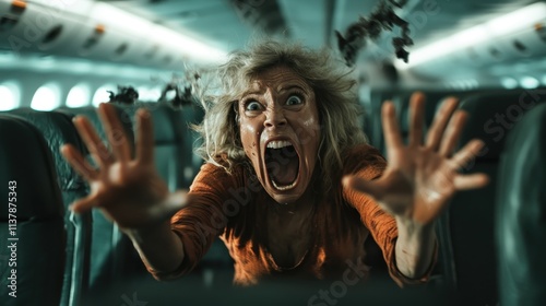 A woman screams in panic aboard a turbulent airplane, capturing a visceral moment of fear and vulnerability, amid shaking seats and chaotic surroundings in motion.