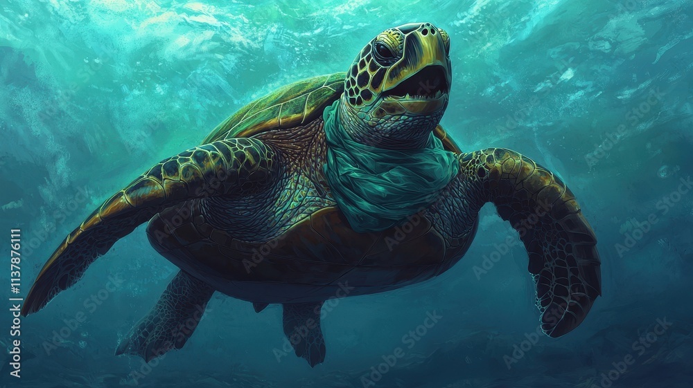 Obraz premium Sea Turtle Entangled in Plastic Ocean Pollution Wildlife Marine Life