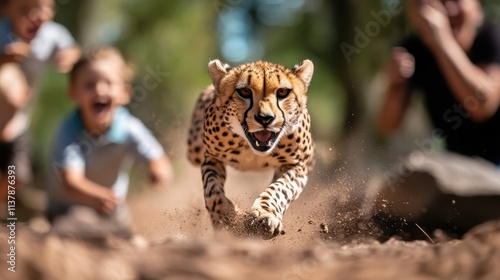 A cheetah sprints powerfully along dirt, with children running close behind, creating a thrilling scene filled with energy and excitement in a natural setting.