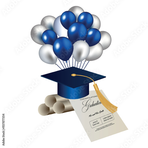 Congratulations on your graduation from school. Class of 2025. Graduation cap, confetti and balloons. Congratulatory banner. Academy of Education School of Learning	