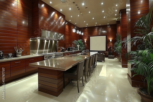 Lavish Contemporary Commercial Kitchen Interior with Elegant Furniture and Decor photo