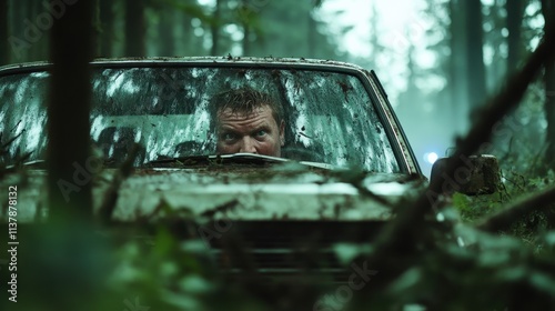 A tense driver hides in a weathered car as rain pours down in the dense forest, capturing a dramatic moment of suspense and intrigue, waiting for events to unfold. photo