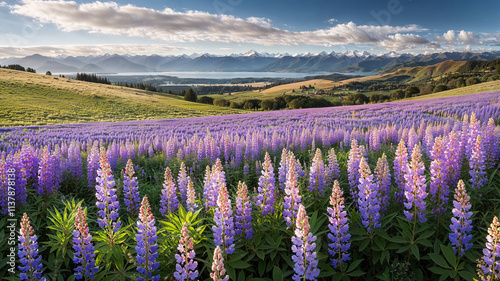 Field of Purple Lupine Flowers with Mountain Landscape