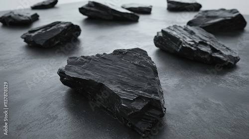 A high-resolution shot of black coal pieces arranged on a smooth gray surface, their glossy texture and sharp edges emphasizing their industrial importance photo