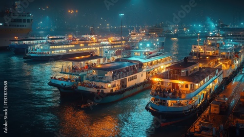 A brightly lit harbor filled with boats docked under glowing lights at night. photo