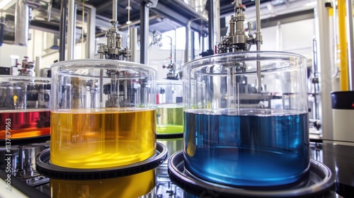 A high-tech facility showcasing chemical recycling in action, with machinery and clear tanks filled with colorful liquids, symbolizing innovation and sustainability photo