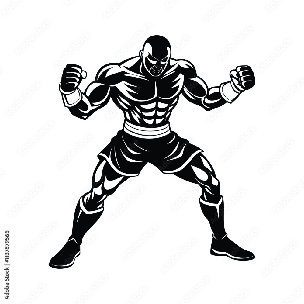 Fototapeta premium Muscular Boxer Line Art - Black and White Illustration of Strong Fighter in Dynamic Action Pose Vector