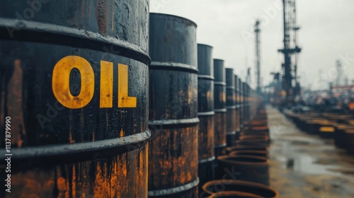 A long row of oil barrels with the word 