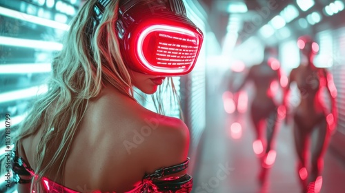 A woman in a dynamic cyber-themed setting, wearing a neon visor in a futuristic corridor filled with neon lights, embodies the essence of cyber culture. photo