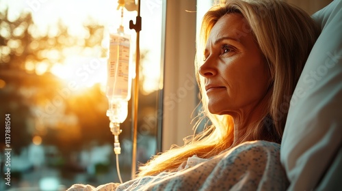 A woman in a hospital environment with an IV line reflects on her journey as the golden hour sunlight imbues a sense of hope and healing. photo