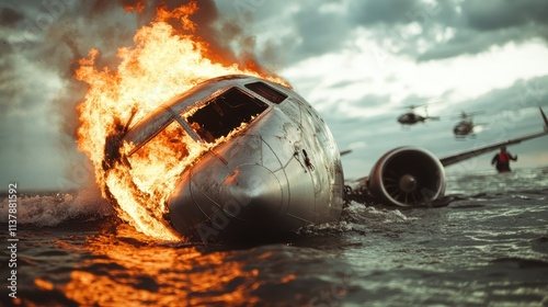 A blazing plane crash in the ocean attracts the urgent response of helicopters attempting a swift rescue; it's a scene filled with chaos, fire, and water interplay. photo