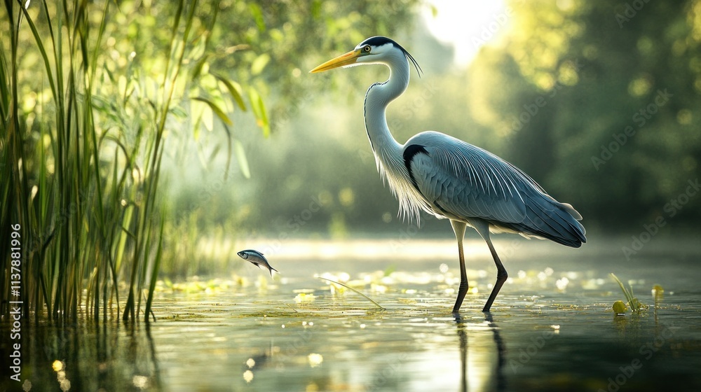 Naklejka premium ascene of a heron standing in shallow water