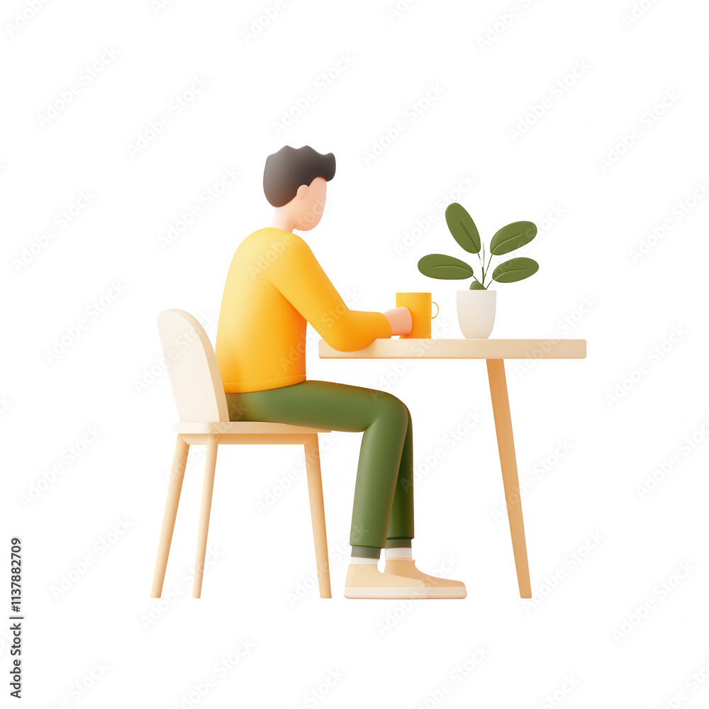 Fototapeta premium A man enjoying a quiet moment with a drink and a plant at a table., isolated on a transparent background.