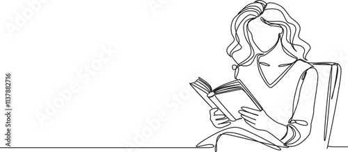 continuous single line drawing of young woman reading a book, line art vector illustration