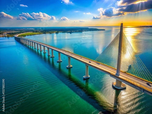 Tampa Sunshine Skyway Bridge Aerial View, Florida Coastal Highway, Scenic Sunrise, Bright Blue Sky,  Gulf Coast Landscape Photography