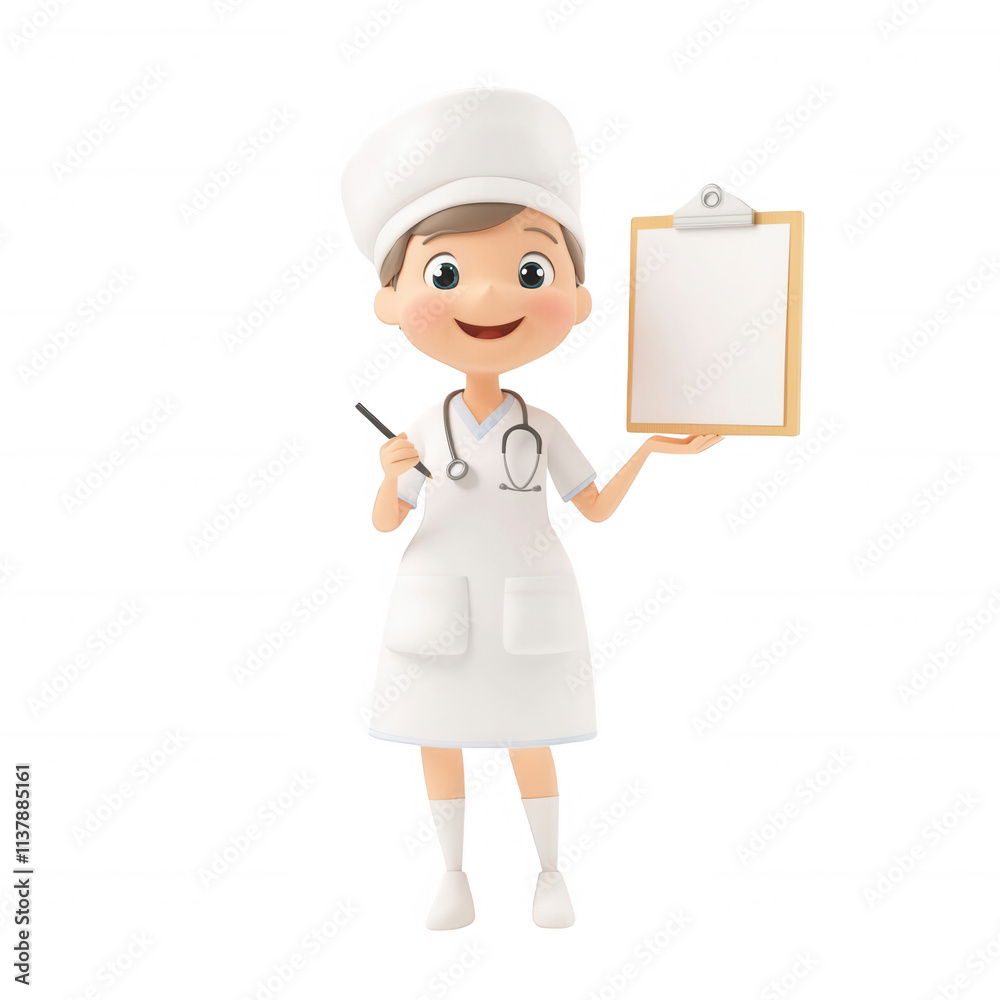Cheerful cartoon nurse holding a clipboard with a stethoscope, ready to assist patients., isolated on a transparent background. Cheerful cartoon nurse holding a clipboard with a stethoscope, ready to assist patients., isolated on a transparent background.