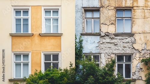 Renovating building facade, before and after, showing stunning transformation photo