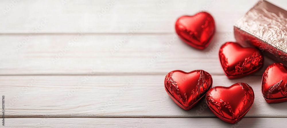 Fototapeta premium Delightful heart shaped chocolates in red foil on wooden surface