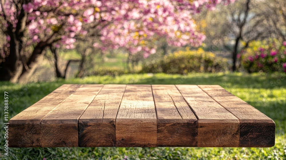 Naklejka premium Rustic Wooden Tabletop in a Spring Garden.