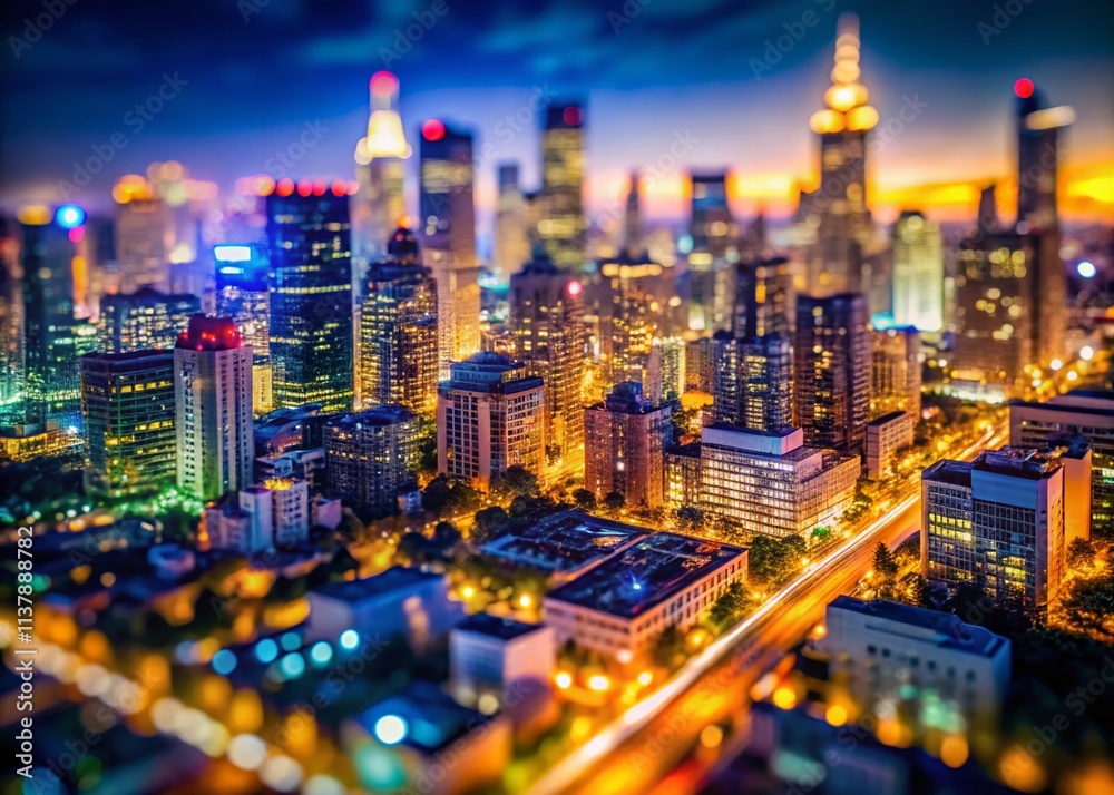 Obraz premium Tilt-Shift Cityscape: Euphoric Urban Energy, Miniature City, High-Rise Buildings, Dynamic City Life