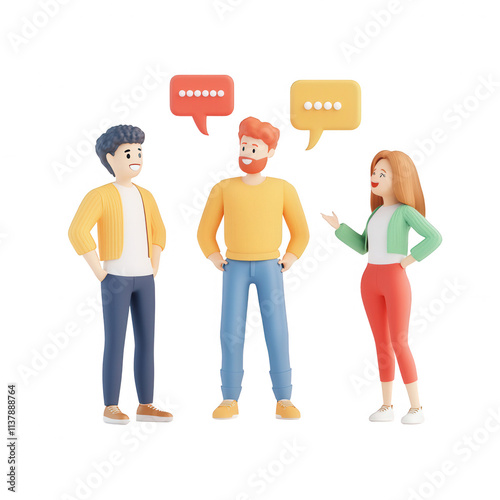 Three people engaged in conversation with speech bubbles expressing ideas. photo