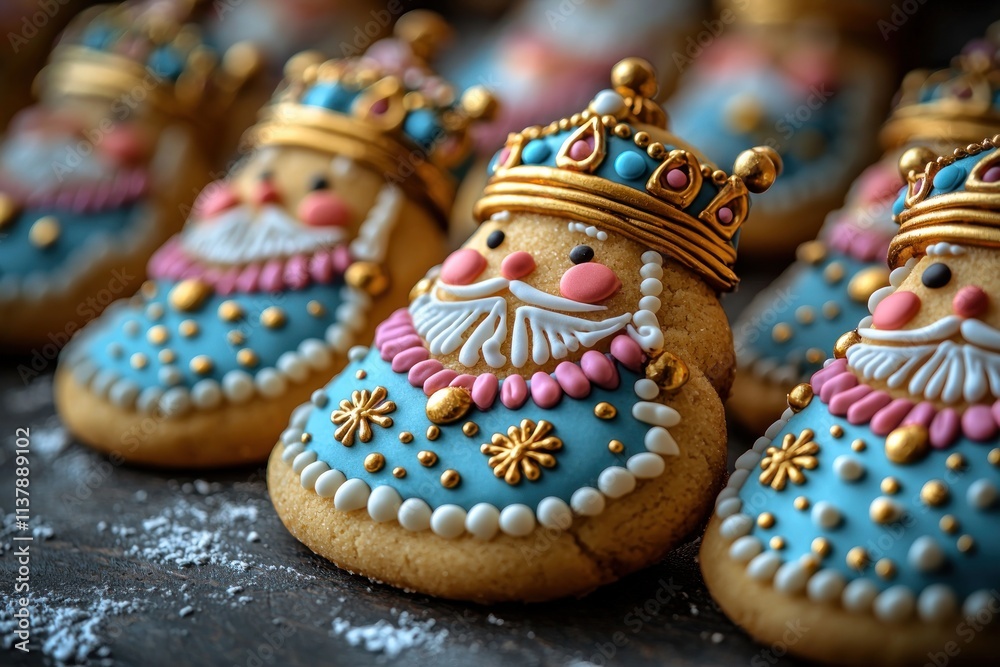 Fototapeta premium Decorated royal king cookies with gold crowns, blue icing, white beards, and festive details on a rustic table Generative AI