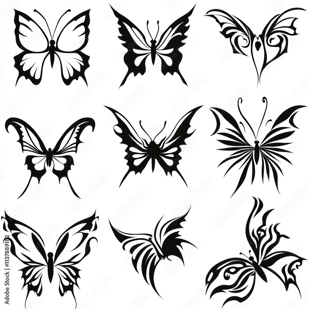 Fototapeta premium Nine stylized black butterfly vector illustrations.