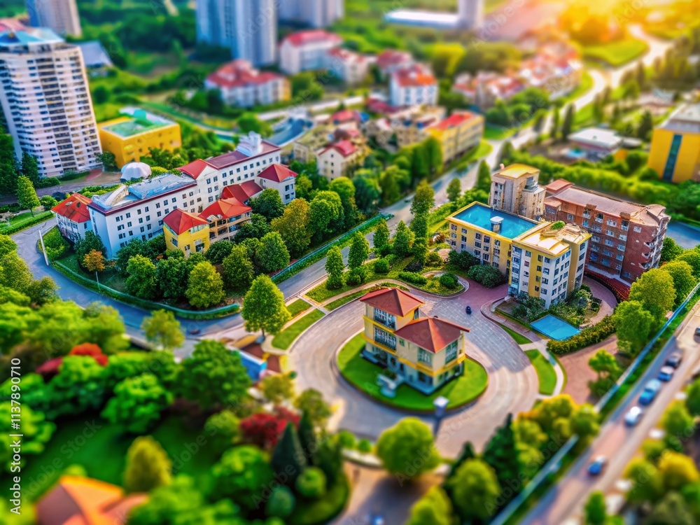 Obraz premium Tilt-Shift Miniature City Planning, Urban Design, Architectural Models, Small-Scale Cityscapes, Planning Process, Development Project