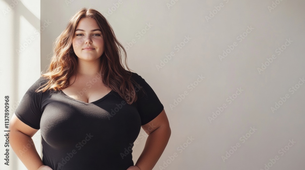 Fototapeta premium A realistic portrait of an overweight woman standing confidently on a light background, highlighting her natural body with visible cellulite, promoting body positivity and acceptance
