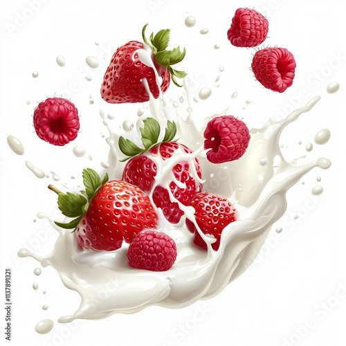 raspberries and strawberries mix in milk splash, isolated on white background.