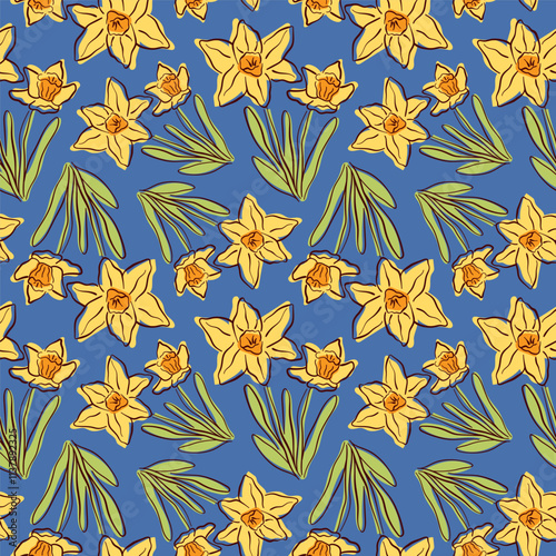 Seamless pattern with yellow daffodil flower and green leaves in flat style. Spring floral design on blue background.