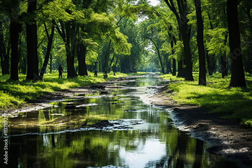 tranquil majesty of a meandering river, gracefully coursing through a verdant expanse, its placid facade mirroring resplendent panorama that envelops it photo