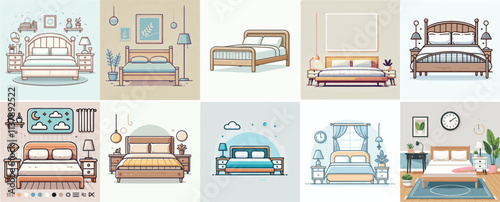 Vector set of a bed with a simple and minimalist flat design style