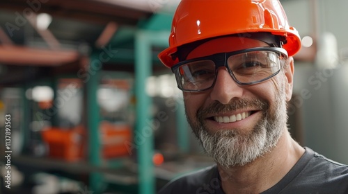 Cheerful engineer in hard hat overseeing production at modular building manufacturing facility