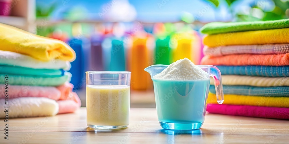 Tilt-Shift Photography of a Measuring Cup Surrounded by Laundry Supplies, Capturing the Essence of Cleanliness and Order in a Domestic Setting Tilt-Shift Photography of a Measuring Cup Surrounded by Laundry Supplies, Capturing the Essence of Cleanliness and Order in a Domestic Setting