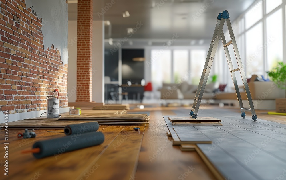 Fototapeta premium A clear and detailed photo of a home renovation scene, with wooden flooring installation underway, a brick wall, and modern furniture on a wooden floor. 