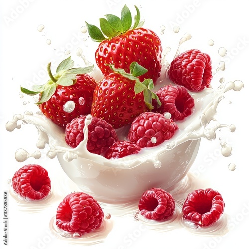 raspberries and strawberries mix in milk splash, isolated on white background