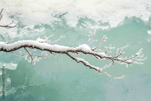 Snowcovered branch rests on a frozen, tealcolored water surface, creating a serene winter scene. photo