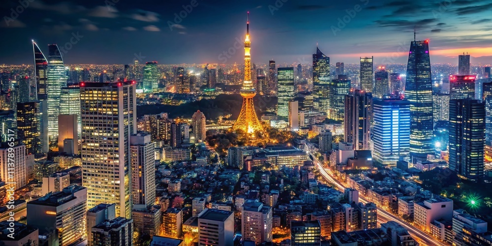 Obraz premium Tokyo Night Skyline: Stunning Cityscape Panoramic View at Night