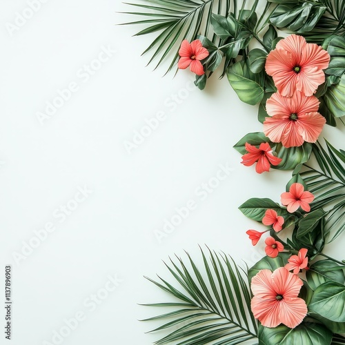 Tropical top view summer botanical concept still life white frame with monstera liana, vine, palm leaves and plumeria frangipani flower flat lay layout