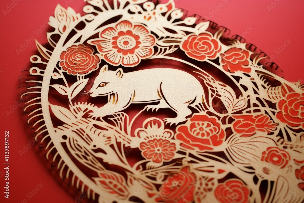 Fototapeta premium Intricate laser cut wooden artwork depicting a possum amidst a floral design, set against a vibrant red backdrop