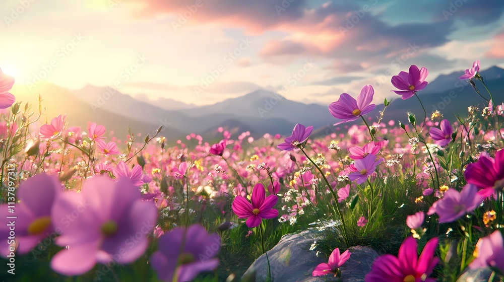 Obraz premium A vibrant field of pink flowers at sunset, surrounded by majestic mountains creating a serene and picturesque landscape.