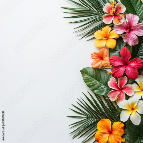 Tropical top view summer botanical concept still life white frame with monstera liana, vine, palm leaves and plumeria frangipani flower flat lay layout