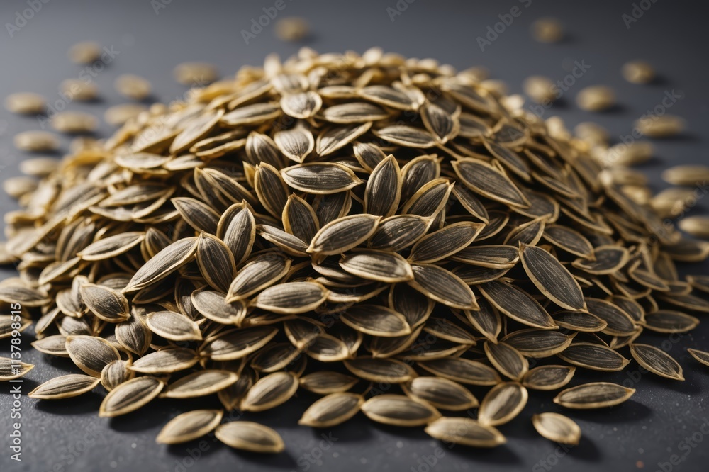 Obraz premium Close view of a sunflower seeds raw ingredient on gray blurred background. Colorful Studio shot, harsh light.