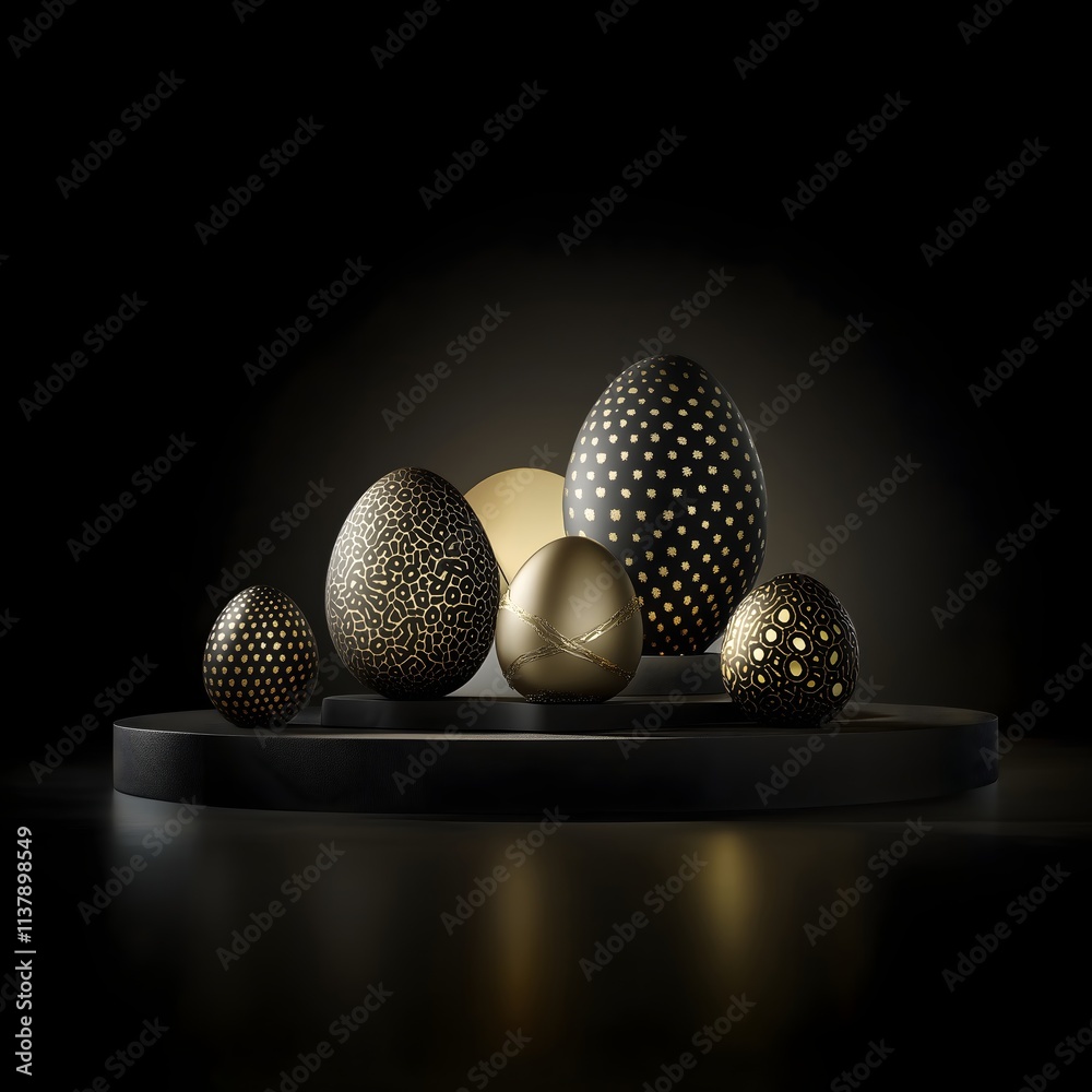 Obraz premium Black Easter eggs with gold geometric patterns, luxury holiday concept for high-end retail displays and elegant seasonal decor. Perfect for upscale department stores, designer boutiques and premium 