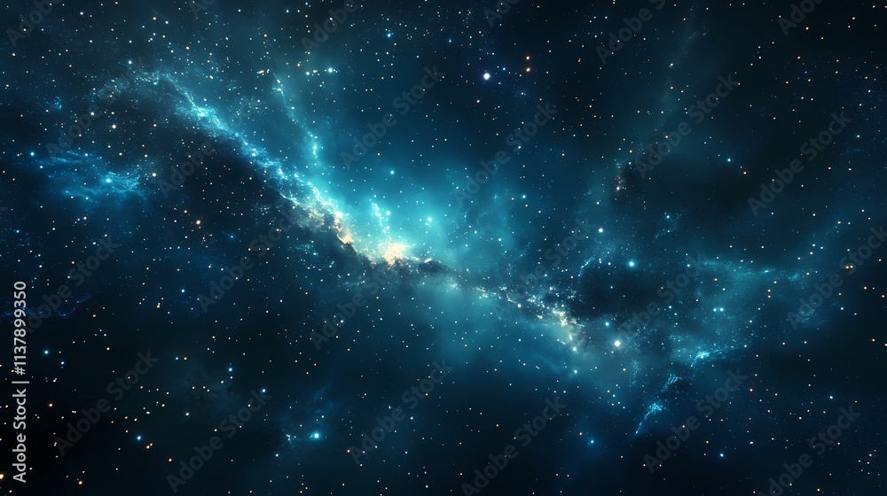 Obraz premium A stunning cosmic view of a vibrant galaxy, showcasing swirling blue and teal hues against a backdrop of twinkling stars.