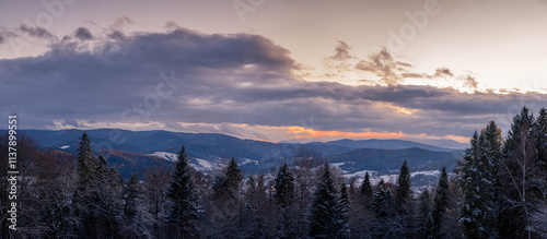 Fototapeta Naklejka Na Ścianę i Meble -  Winter panorama of the Beskid Mountains at dusk
