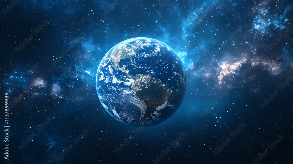 Fototapeta premium A stunning view of Earth surrounded by a vibrant cosmic backdrop filled with stars and galaxies.